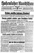 Hohenloher Rundschau am 1. Sept. 1939